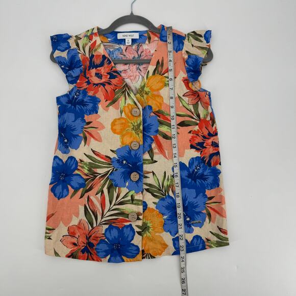 Nine West Womens XS Multicolor Floral Linen Flutter Cap Sleeve Button Blouse Top - Picture 10 of 10